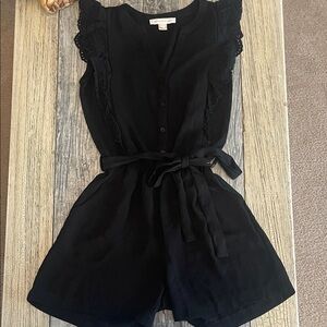 Black Lace-Trim Tie-Waist Romper